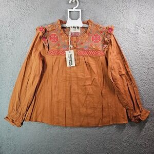 NEW Savanna‎ Jane Top Women Large Embroidered Boho Long Sleeve Red Brown Tone